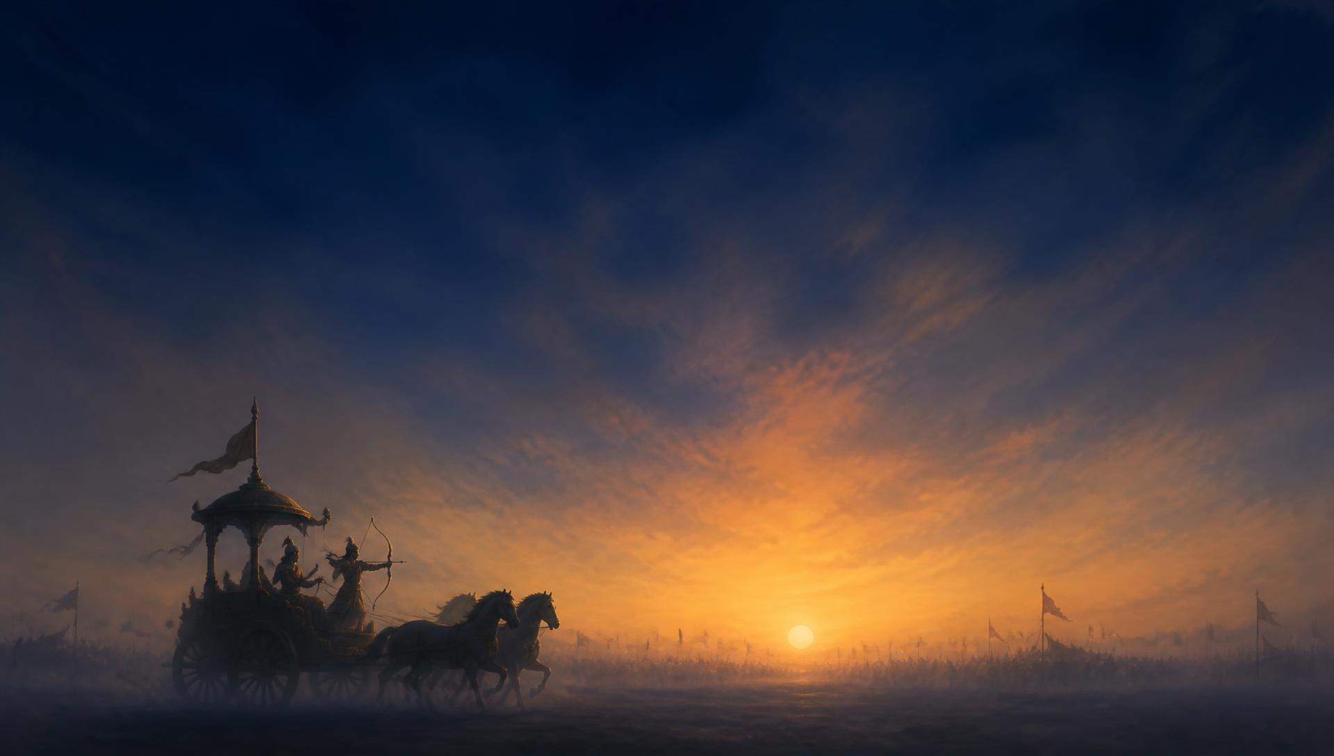 Silhouette of Krishna and Arjuna's chariot on the Kurukshetra battlefield at dawn